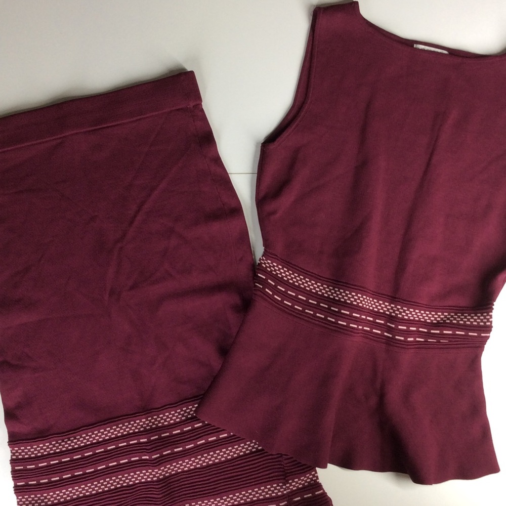 New York & Company Eva Mendes Two-piece knit maroon peplum top and skirt